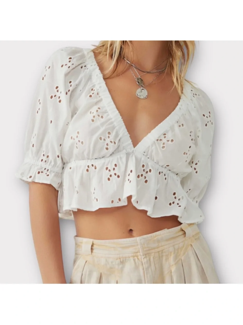 Free People Gardenia Eyelet Ruffle V-Neck Top